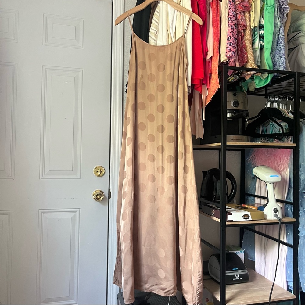 IDLE tan nude dusty blush dot polka satin sleeveless maxi slip dress